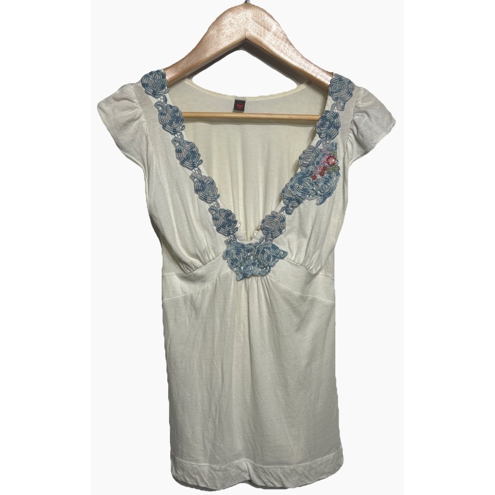 Language Los Angeles Beaded Floral Top Ivory Blue Pink Women's Size‎ Small